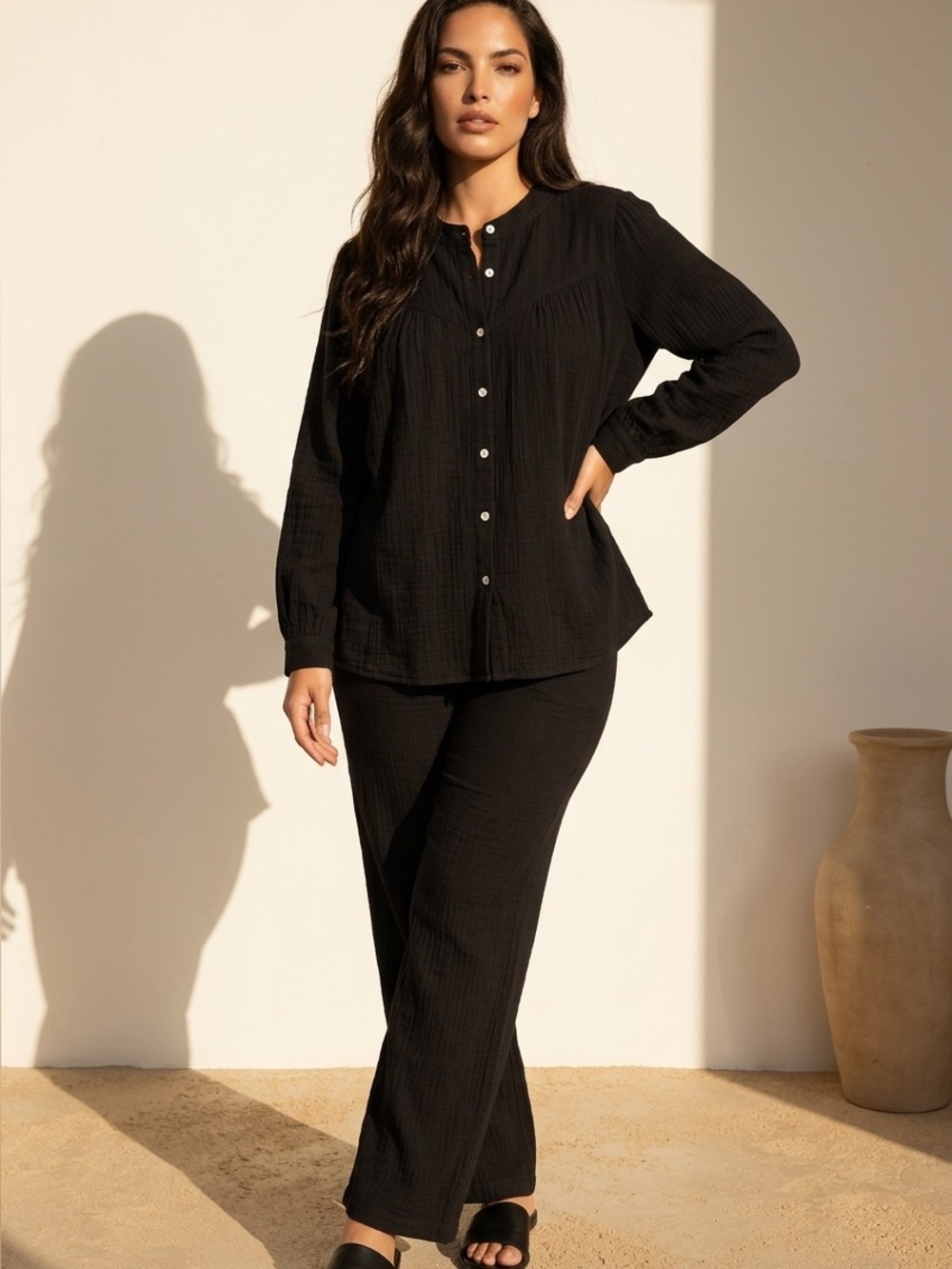 Black Cotton Blouse Long Sleeve Button Front Loose Fit Round Neck Womens 2XL